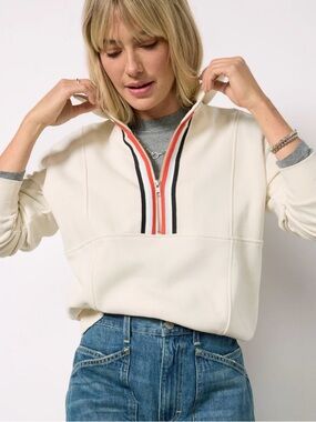 Evereve Chelsea Ivory Half-Zip Pullover, Blue, Red, Black Accent Stripes, Sz. XS